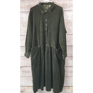 Vintage Eddie Bauer Women’s Petite XL Green Corduroy Shirt Dress Pockets